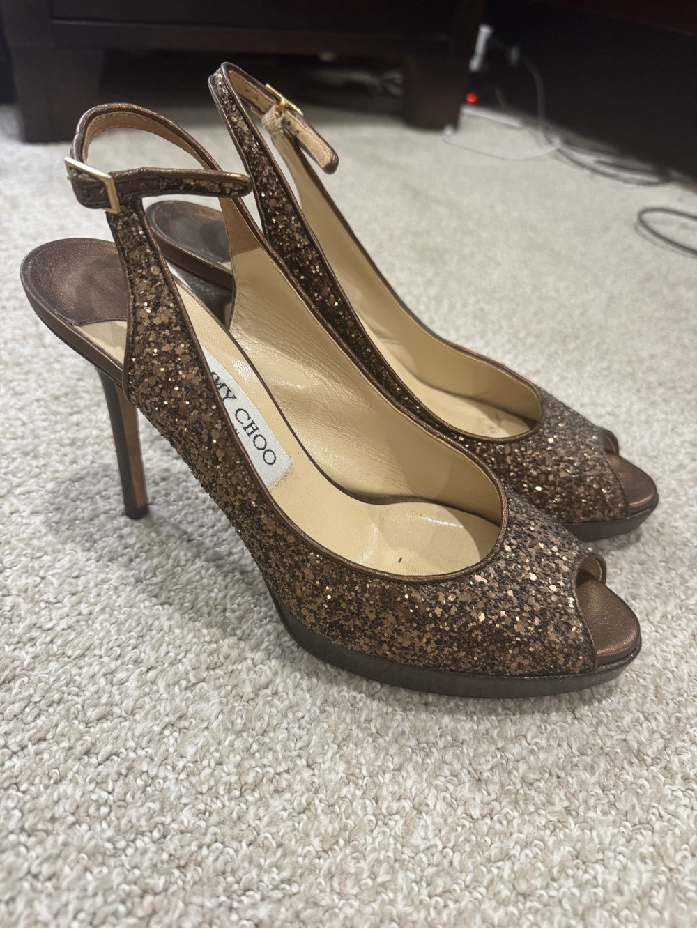 Jimmy Choo Bronze Glitter Peep-Toe Slingback Heels